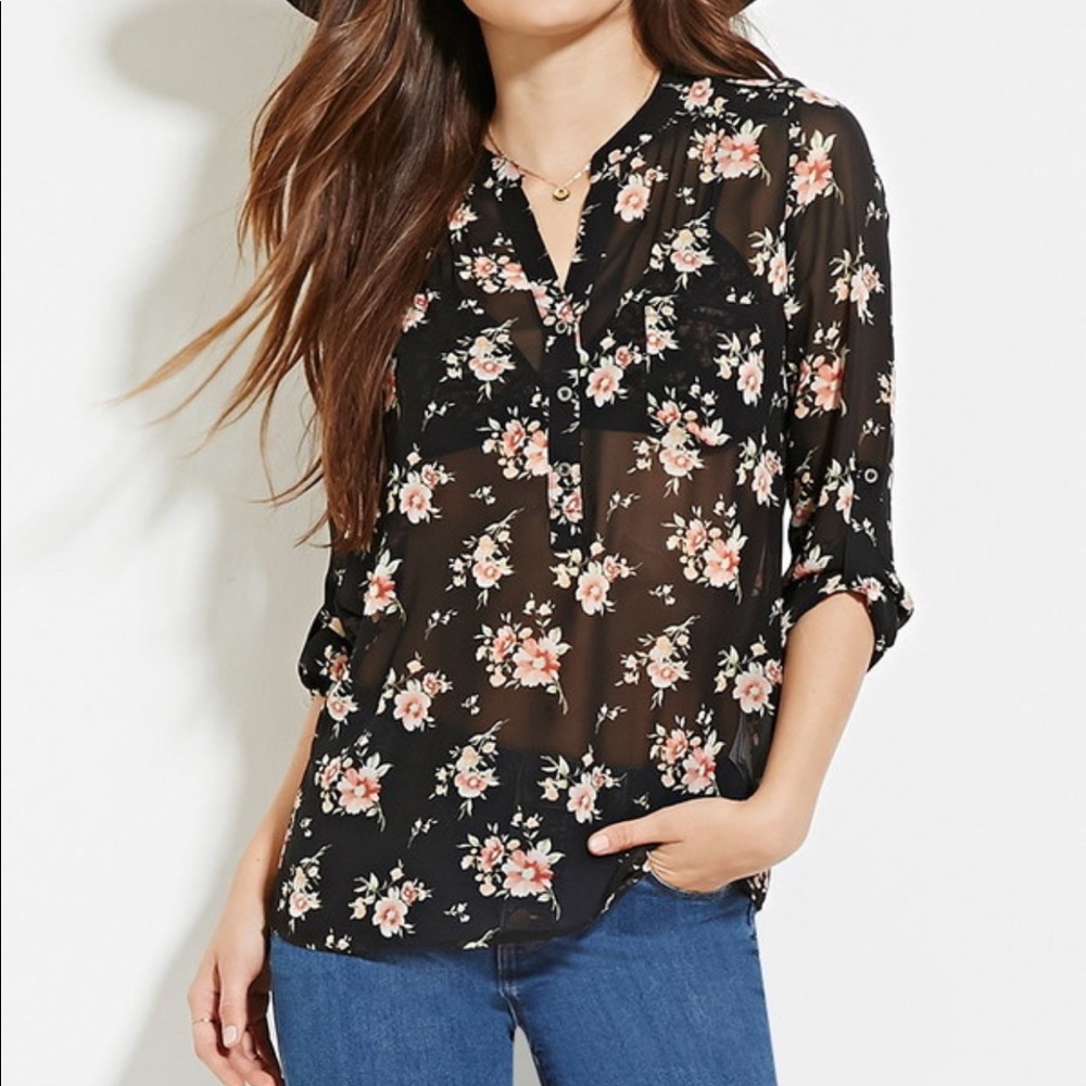 •Forever 21• Semi Sheer Long Sleeve Floral Blouse
